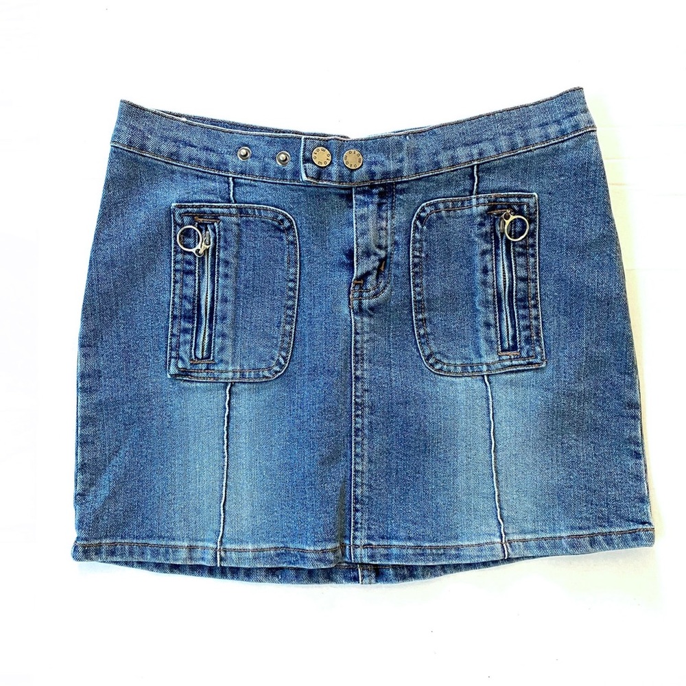 Moto UK Vintage Retro Low Rise Blue Jean Denim Mini Skirt Y2K Button Zip O Ring
